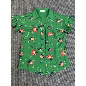 Dashing Women's Green Floral Embroidered Button Ruffle Blouse Short Sleeve S